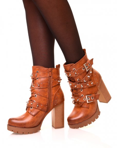 Camel ankle boots with studded heels