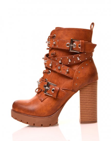 Camel ankle boots with studded heels