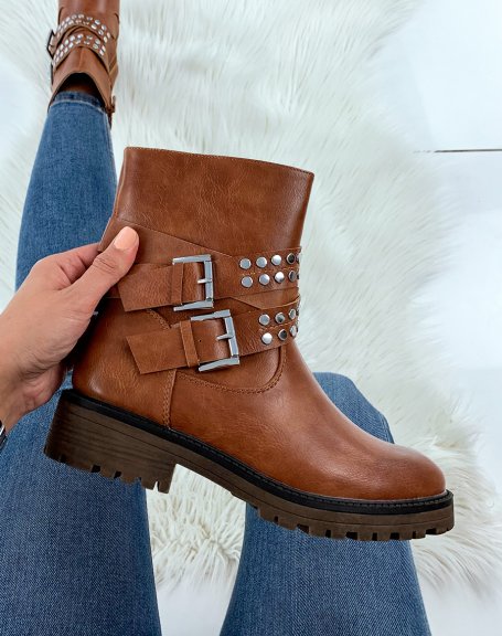 Camel ankle boots with studded straps