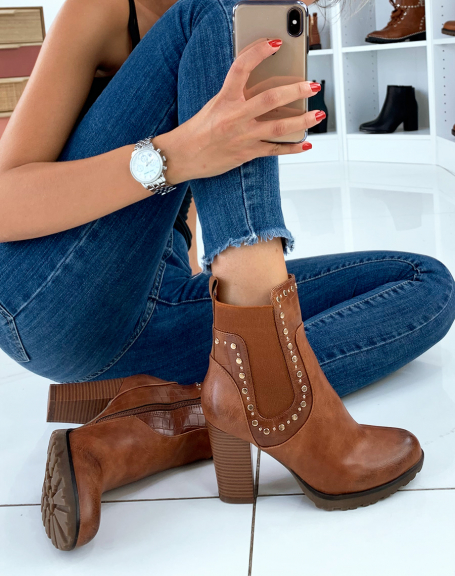 Camel ankle boots with studs and heels