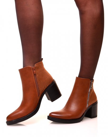 Camel ankle boots with suede bi-material heels
