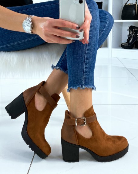 Camel ankle boots with suede effect straps