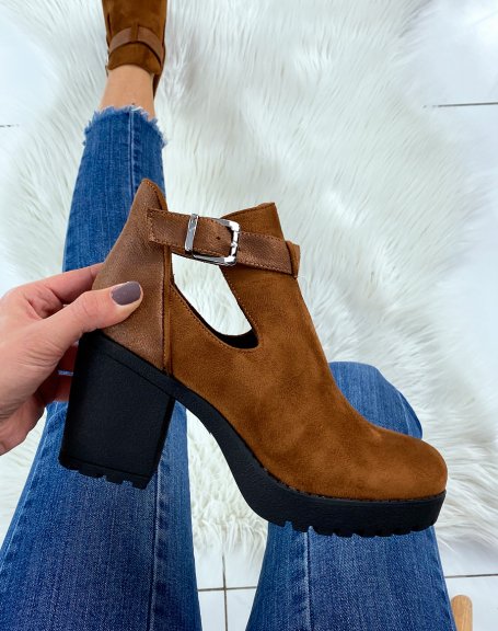 Camel ankle boots with suede effect straps
