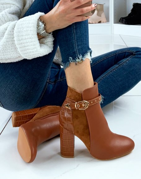 Camel ankle boots with triple material heel