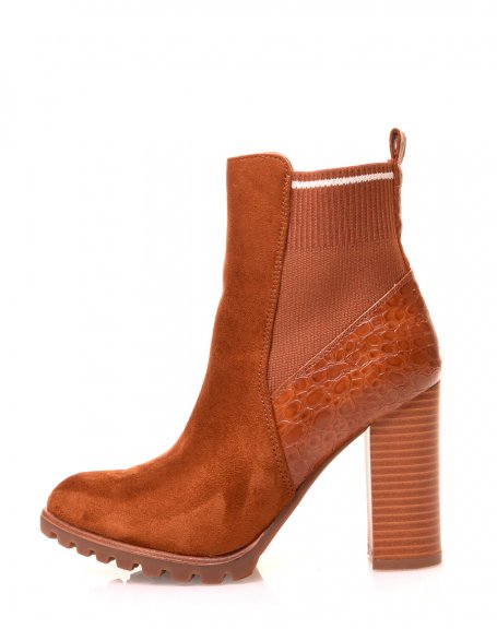 Camel ankle boots with two-material heels with a sock effect