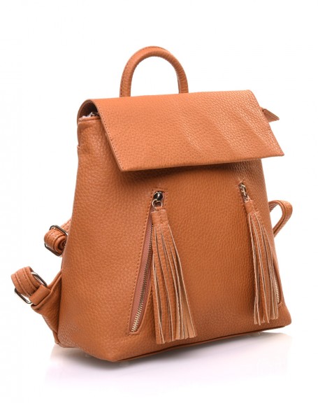 Camel backpack with fringe closures