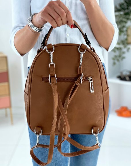 Camel backpack with silver zips