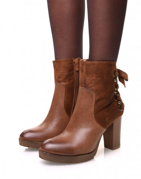 Camel bi-material ankle boots with heels and lace at the back