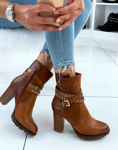 Camel bi-material ankle boots with heels and multiple crossed straps
