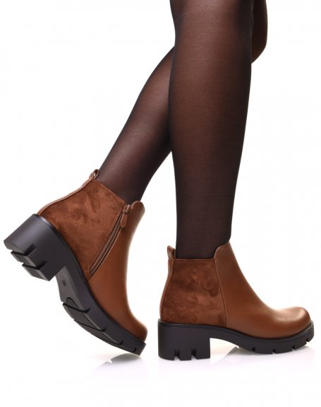 Camel bi-material ankle boots with low heel