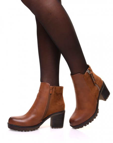 Camel bi-material ankle boots with mid high heel