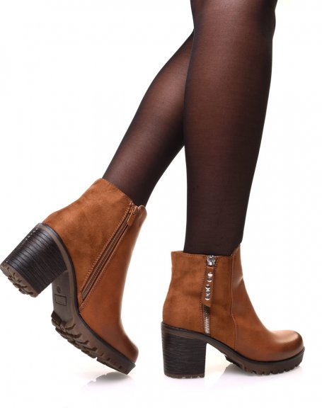 Camel bi-material ankle boots with mid high heel