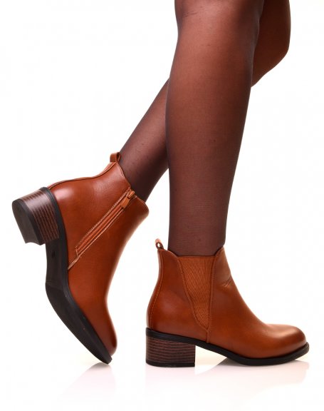 Camel bi-material ankle boots with notched soles