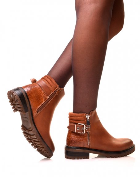 Camel bi-material ankle boots with strap