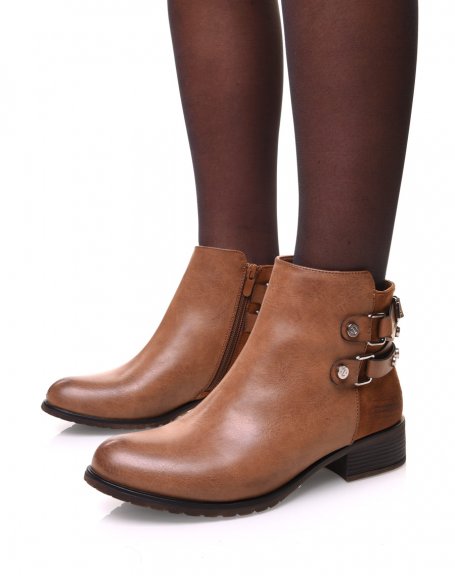 Camel bi-material ankle boots with studded strap