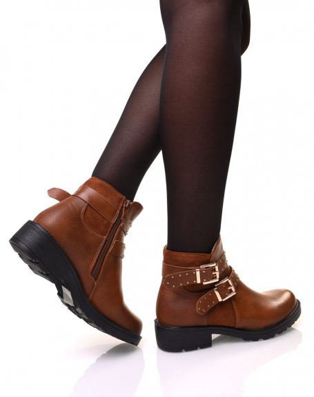 Camel bi-material ankle boots with studded strap