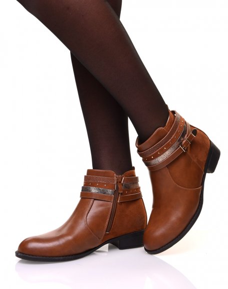 Camel bi-material ankle boots with thin multiple straps