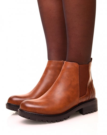 Camel bi-material Chelsea boots with notched soles