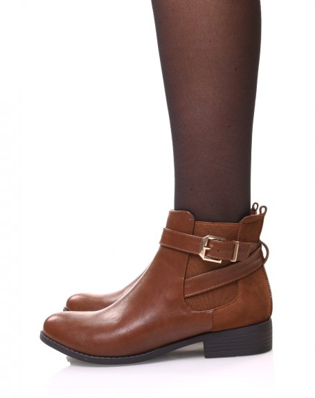 Camel bi-material Chelsea boots with straps