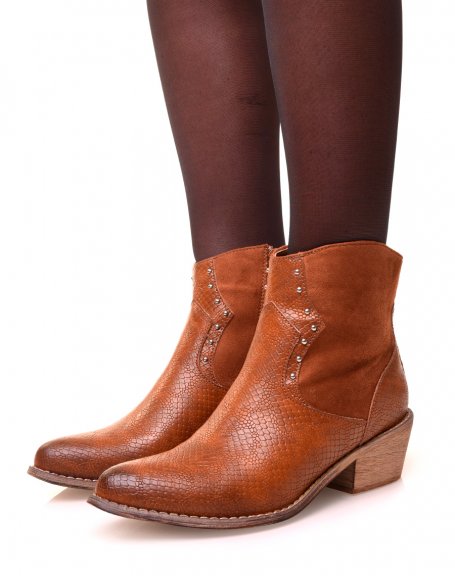 Camel bi-material cowboy boots with python-effect studs