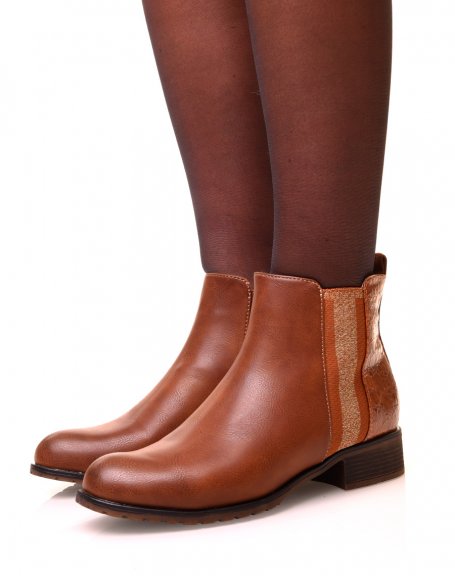 Camel bi-material croc effect ankle boots
