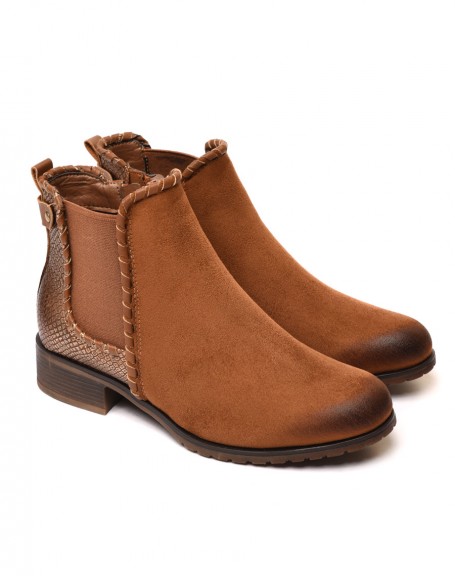 Camel bi-material flat boots with details