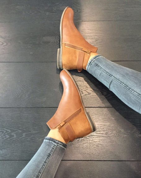 Camel bi-material flat boots with strap