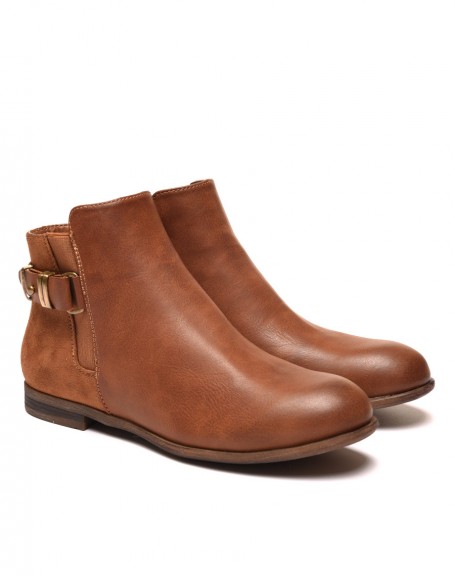 Camel bi-material flat boots with strap
