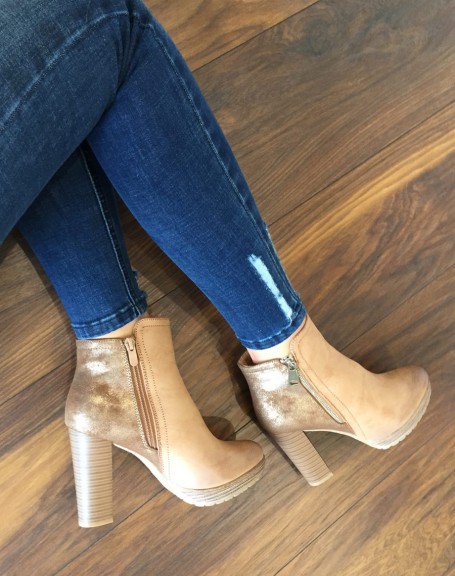 Camel bi-material heeled ankle boots