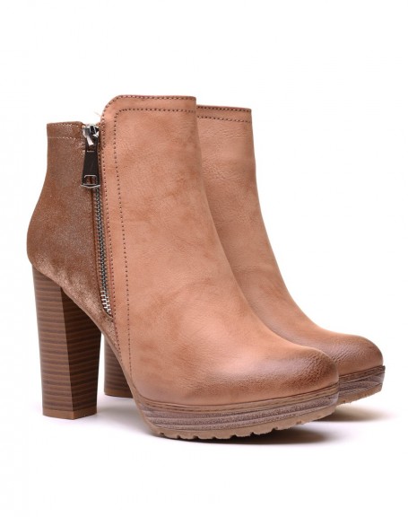 Camel bi-material heeled ankle boots