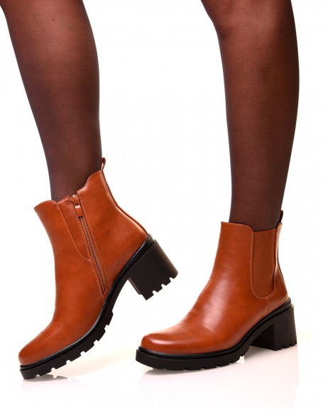 Camel Chelsea boots with notched soles