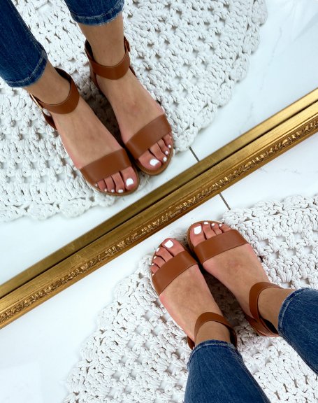 Camel-colored thick strap sandals