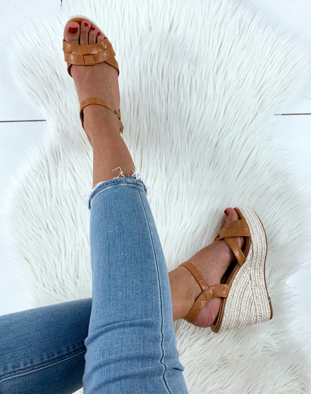 Camel croc-effect faux leather wedge sandals