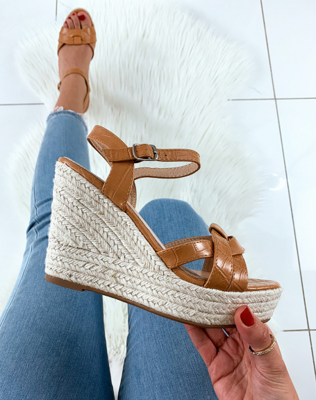 Camel croc-effect faux leather wedge sandals