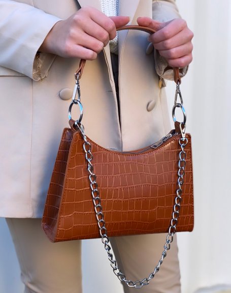 Camel croc-effect handbag adorned with a chain