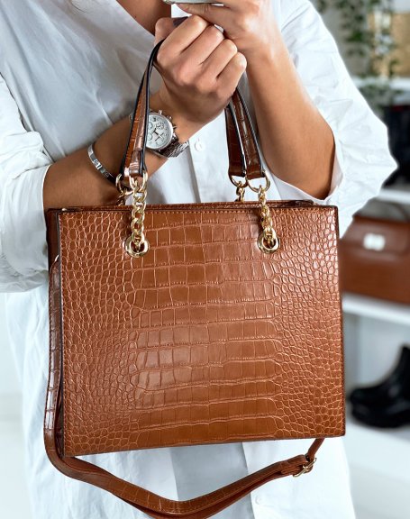 Camel croc-effect handbag with gold detail