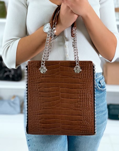 Camel croc-effect handbag with silver pearls