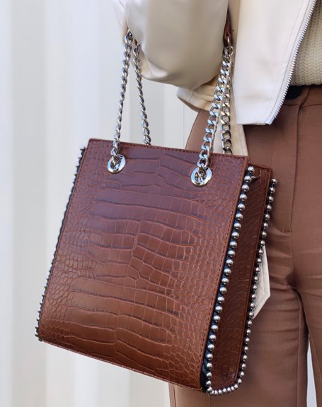 Camel croc-effect handbag with silver pearls