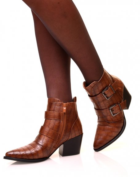 Camel croc-effect heeled ankle boots