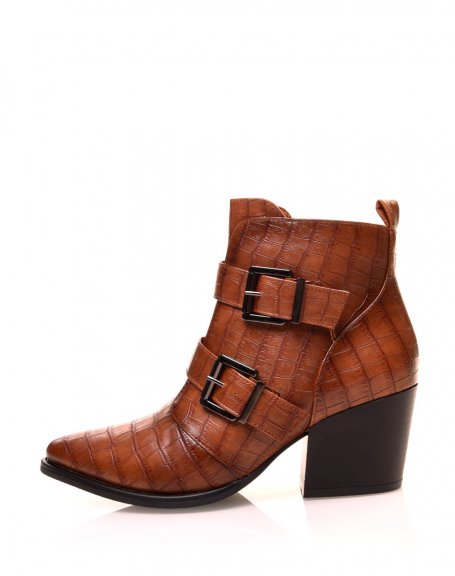 Camel croc-effect heeled ankle boots