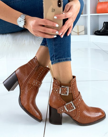 Camel croc-effect heeled ankle boots with square toe