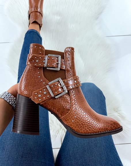 Camel croc-effect heeled ankle boots with square toe