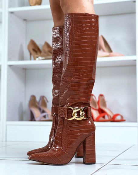 Camel croc-effect pointed boots with heel