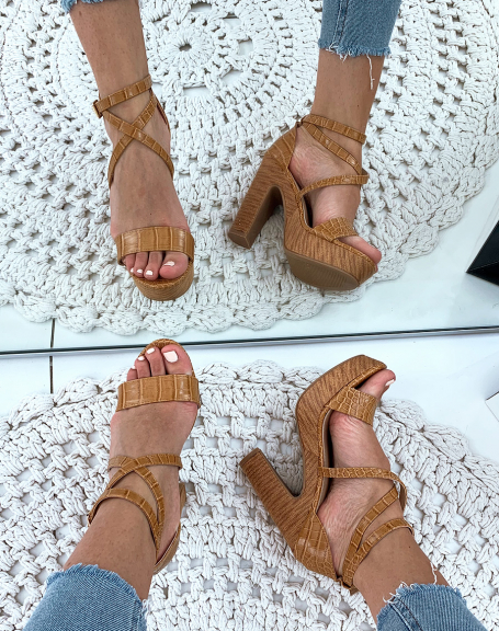 Camel croc-effect sandals with camel heels and platforms