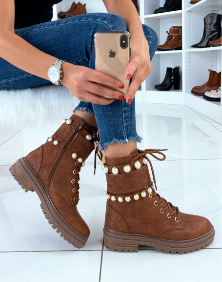 Camel croco beaded ankle boots