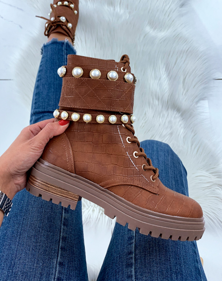 Camel croco beaded ankle boots