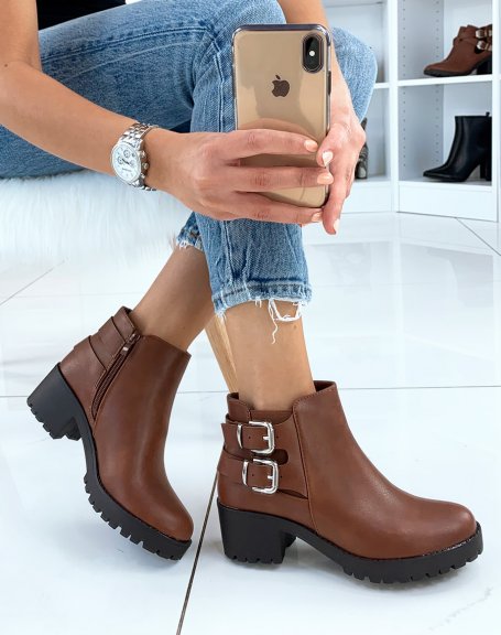 Camel double strap low ankle boots