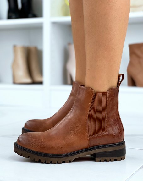 Camel dual-material Chelsea-style ankle boots
