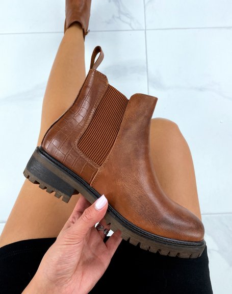 Camel dual-material Chelsea-style ankle boots