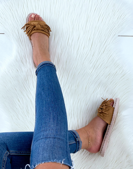 Camel espadrille-style mules with fringes